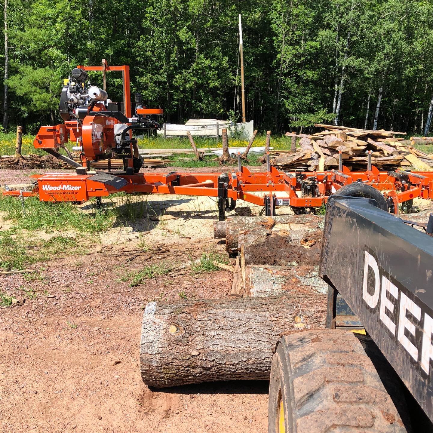 Not boat lumber, but  I&rsquo;m having fun putting some credence on the blue tooth and working though a bit of white pine for a neighbor.  #woodmizerwednesday #woodmizer #whitepine #lumber #sawmill #johndeere #credenceclearwaterrevival #growninwiscon
