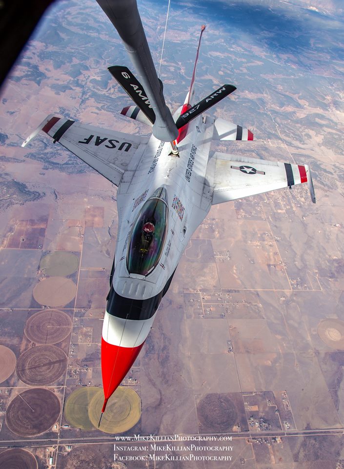 An F-16 Fighting Falcon from the USAF Thunderbirds receives 5,000 pounds of fuel from a KC-135 tanker out of MacDill AFB. Photo courtesy of Mike Killian.