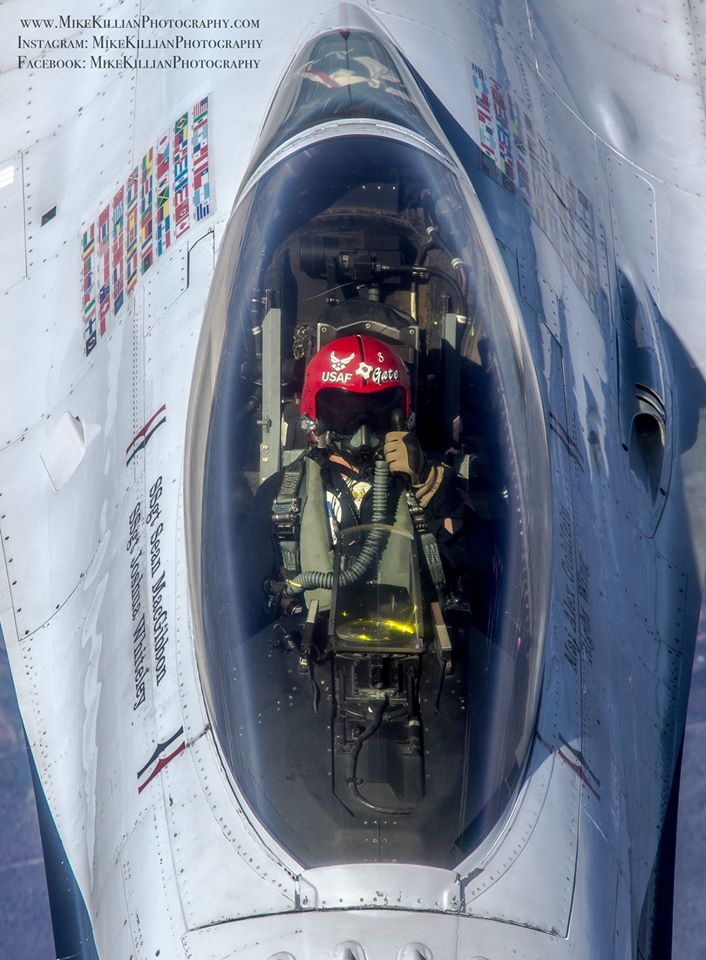 Thunderbird 3, SSgt Sean MacGibbon gives a thumbs up after topping off his F-16 Fighting Falcon en route to Daytona Beach, Florida. Photo courtesy of Mike Killian.