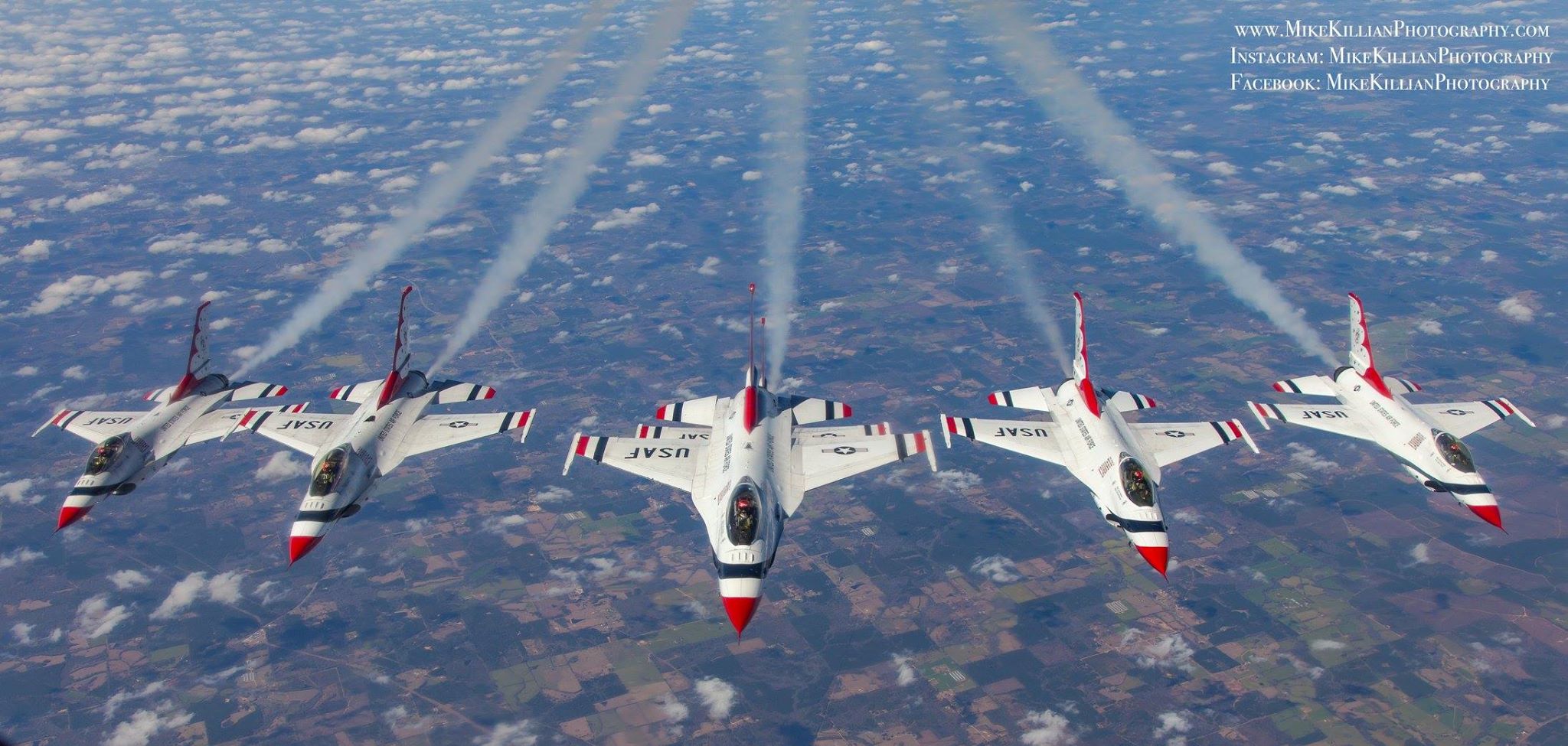 The Thunderbird Delta goes smoke on during a cross-country trip Friday. The team was traveling from home base, Nellis AFB, to Daytona Beach International Airport in Daytona Beach, Florida. Photo courtesy of Mike Killian.