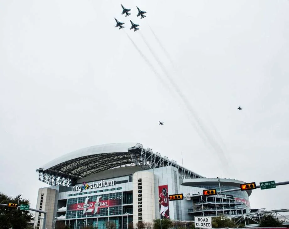 The United States Air Force Thunderbirds conduct a practice flyover above NRG Stadium in Houston, Texas, prior to Super Bowl 51.