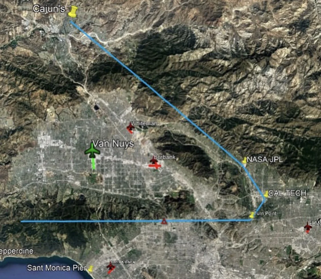 The flyover route for the Thunderbirds for Monday March, 4 over Los Angeles courtesy of Major Matt Kimmel, Thunderbird 5.