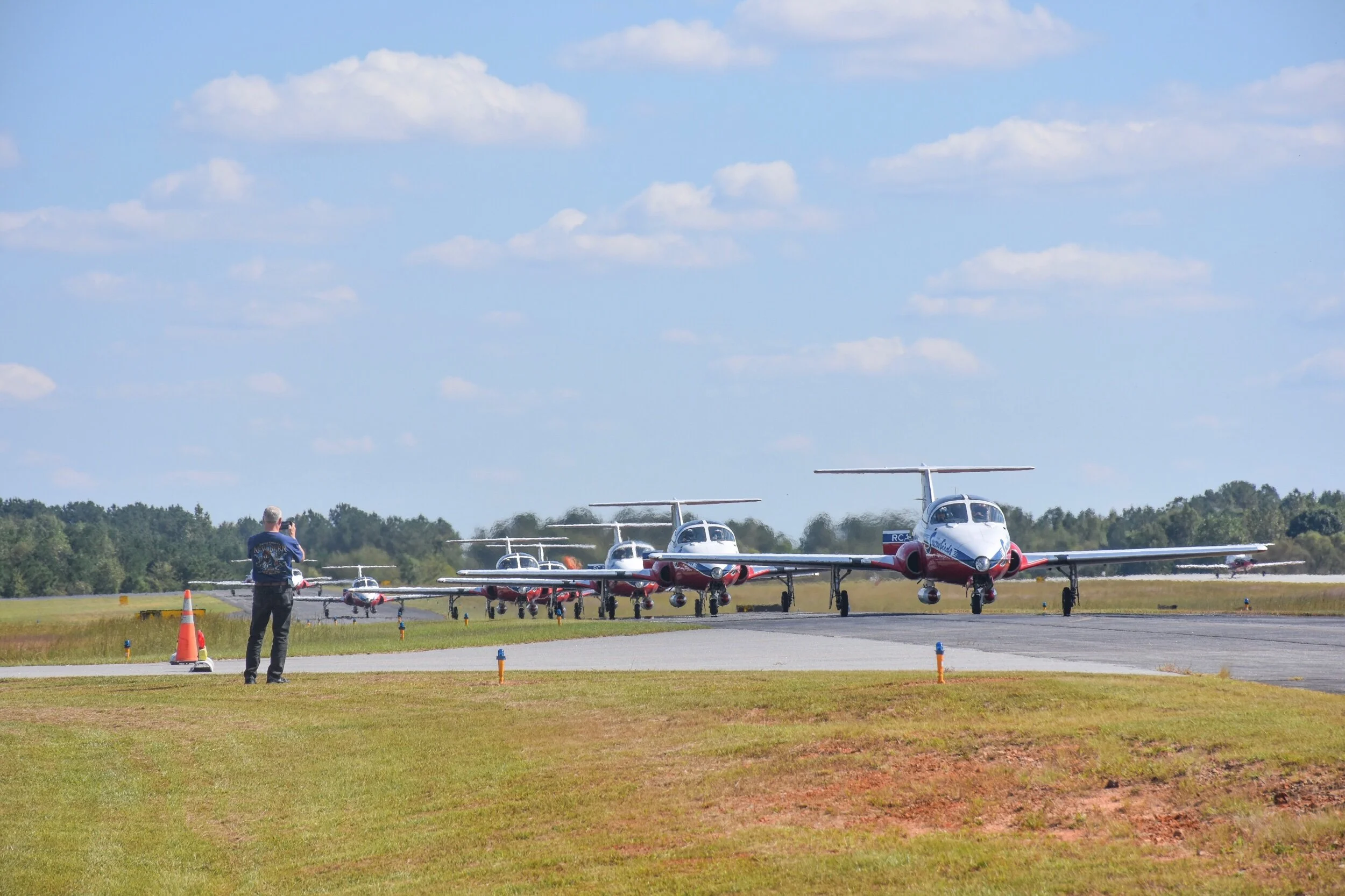 The Canadian Forces Snowbirds taxi in at Falcon Field in Peachtree City, Georgia after arriving in Georgia for the 2019 Atlanta Air Show.