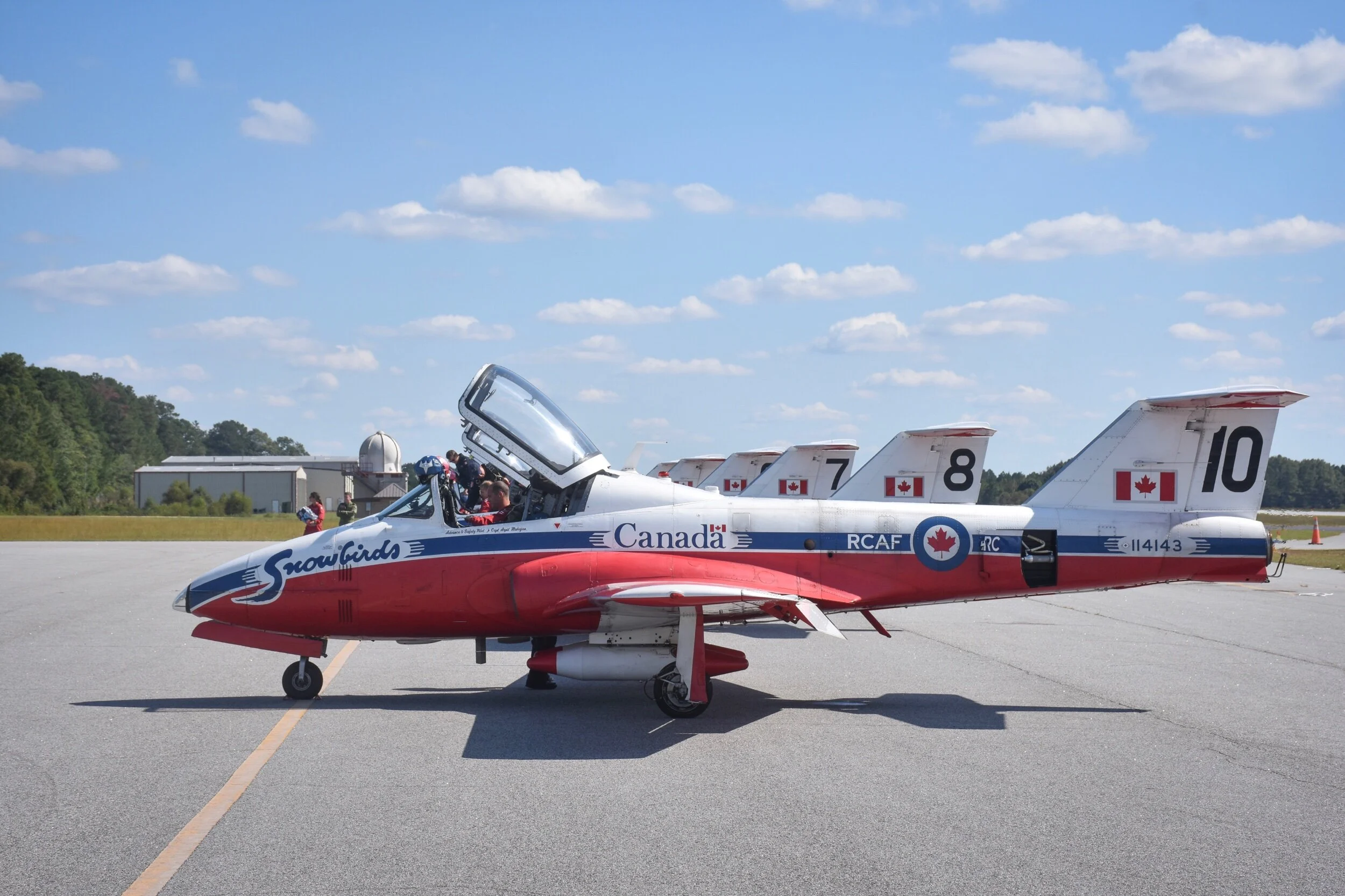 The Canadian Forces Snowbirds secure the Jets after touching down at Falcon Field in Peachtree City, Georgia for the 2019 Atlanta Air Show.