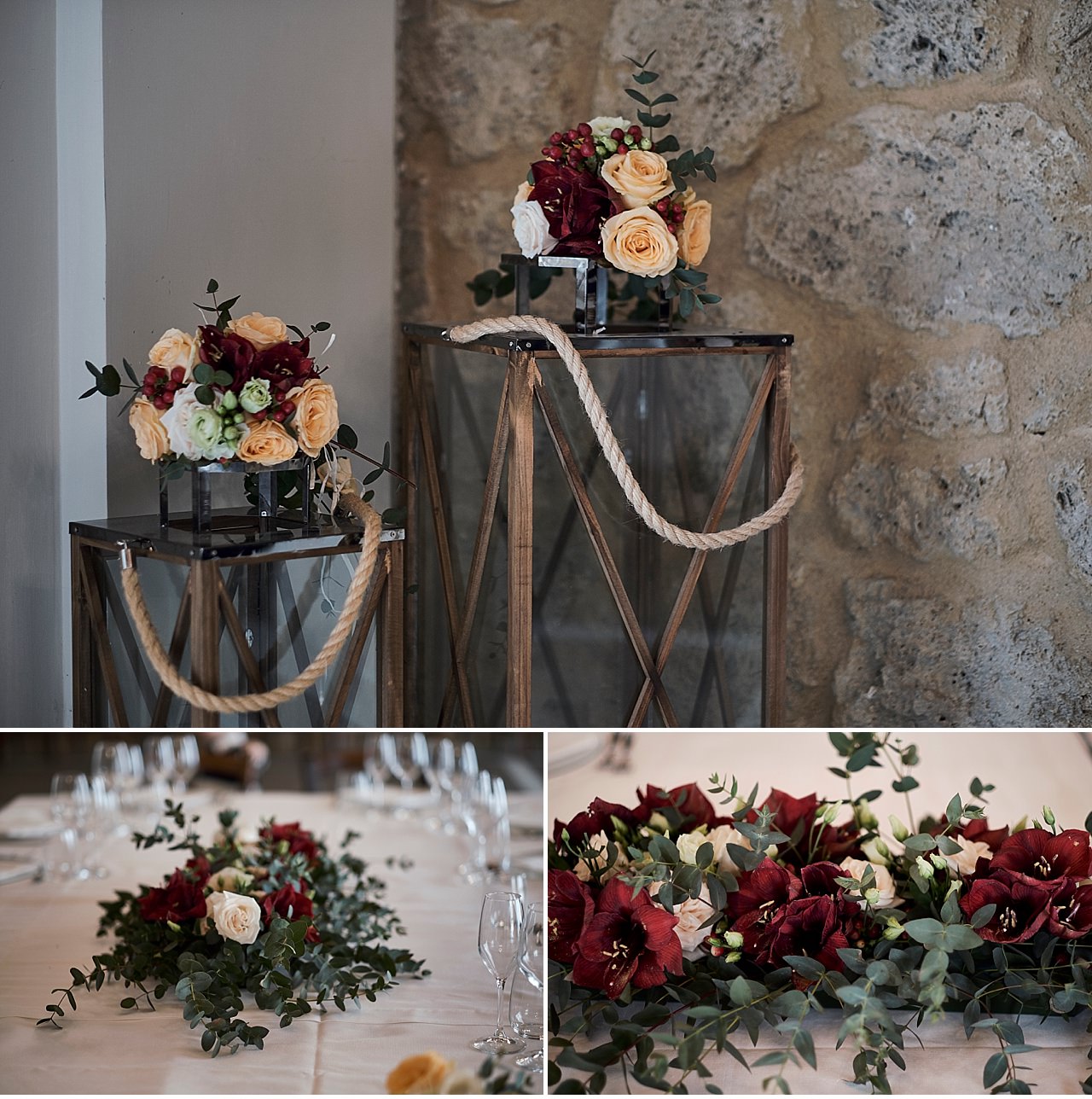  Intimate winter wedding in the splendid setting of the San Galgano Abbey, in Chiusdino in the province of Siena. A civil ceremony sanctioned by the mayor under the sky, as the structure has no roof. A magical place, a simple but very elegant floral 