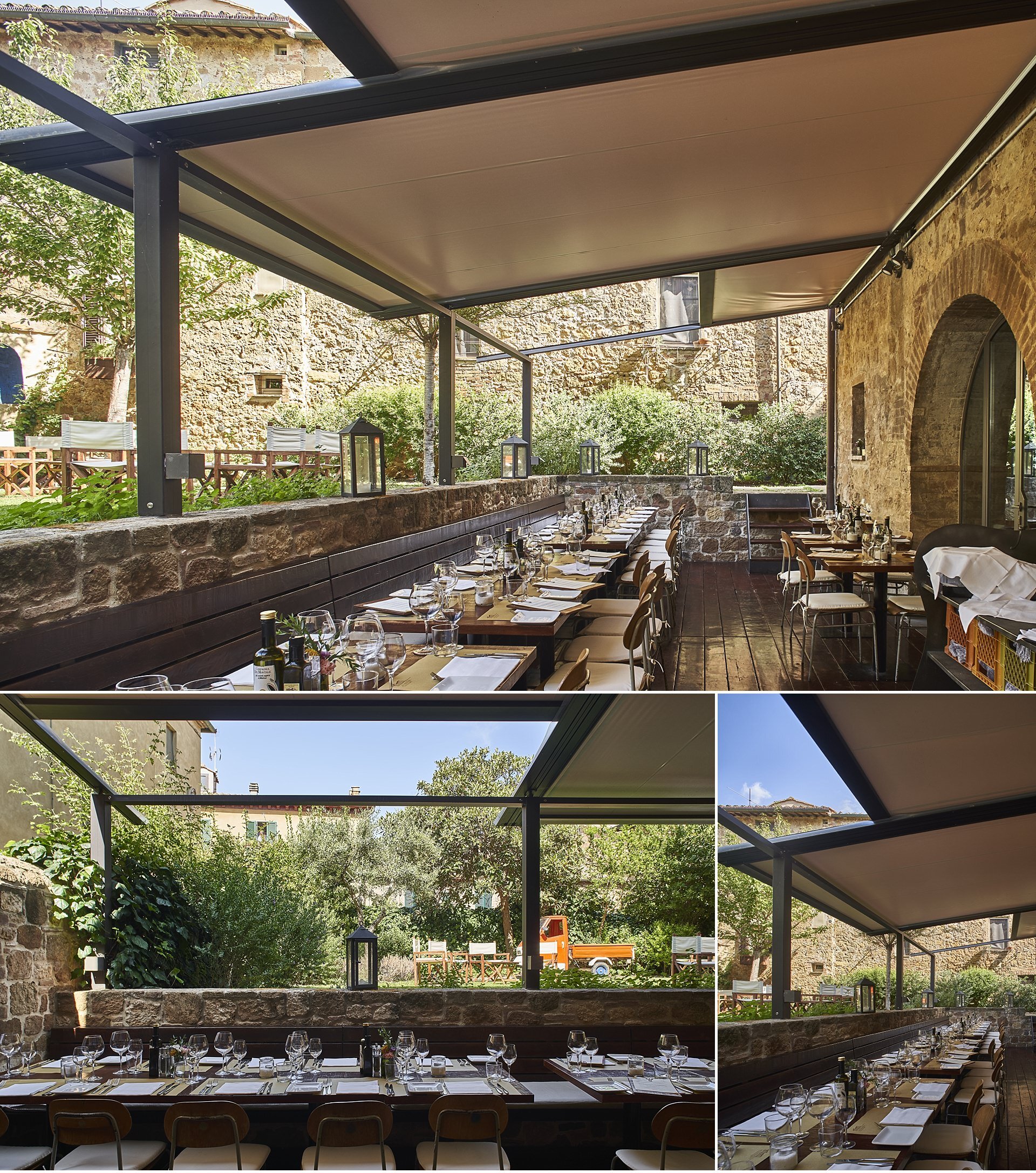  Servizio fotografico per l'azienda di Bologna, Fanani tende. L'istallazione si trova nel centro di Pienza al ristorante la bandita. La pergola copre i tavoli dalla luce del sole, antistante un grazioso giardino. Le fotografie ed il video, anche con 