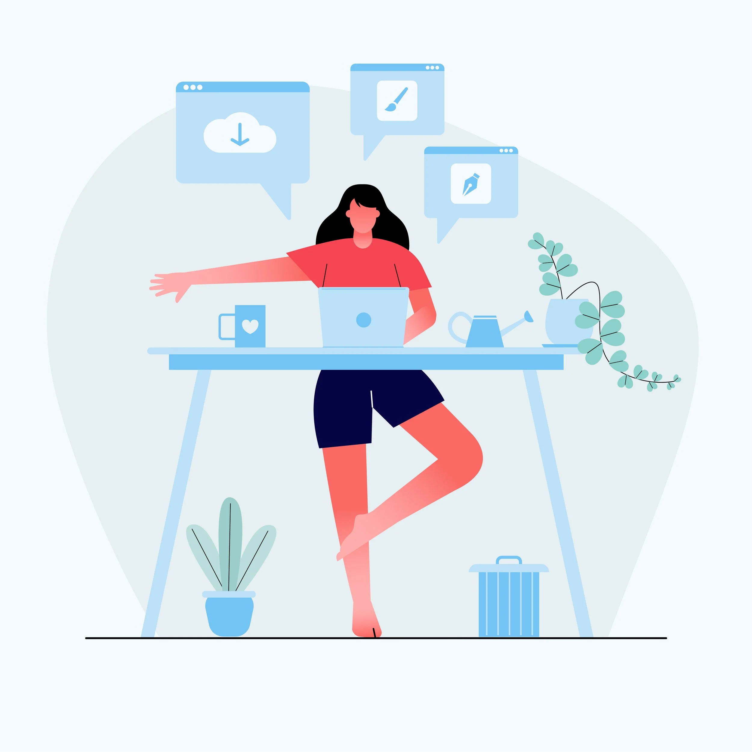 Illustration af kvinde ved sin kontorplads, der laver Yoga imens hun arbejder.