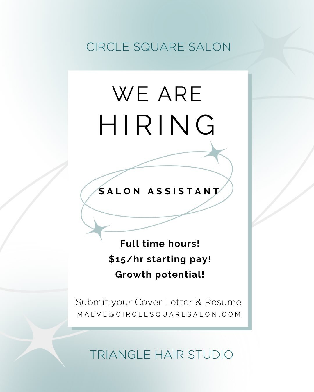 ✨ We&rsquo;re growing and we&rsquo;d LOVE for you to grow with us! ✨
 Circle Square Salon and Triangle Hair Studio are hiring for two positions: a full-time salon assistant, and a part-time front desk receptionist! Full job descriptions are linked in