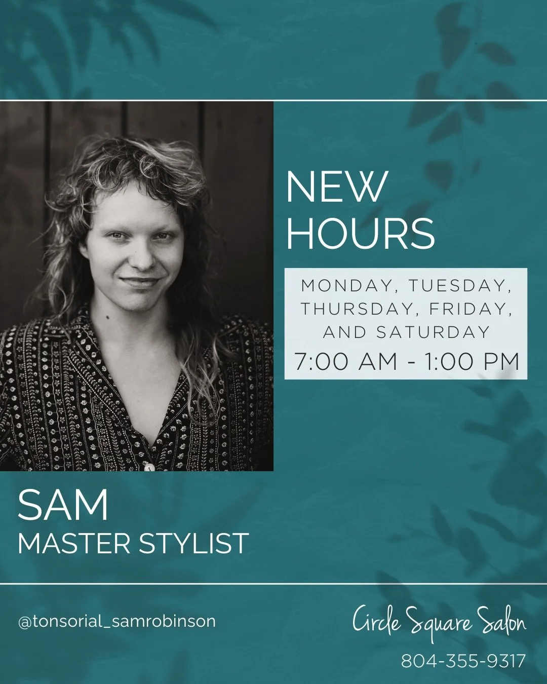 Our wonderful Master Stylist Sam is rolling out some new hours! ☀️ 

Sam will be bookable: Mon, Tue, Thur, Fri and Sat from 7am-1pm for all those early risers ready to start their day with a fresh look! Keep an eye out for more early hours with other