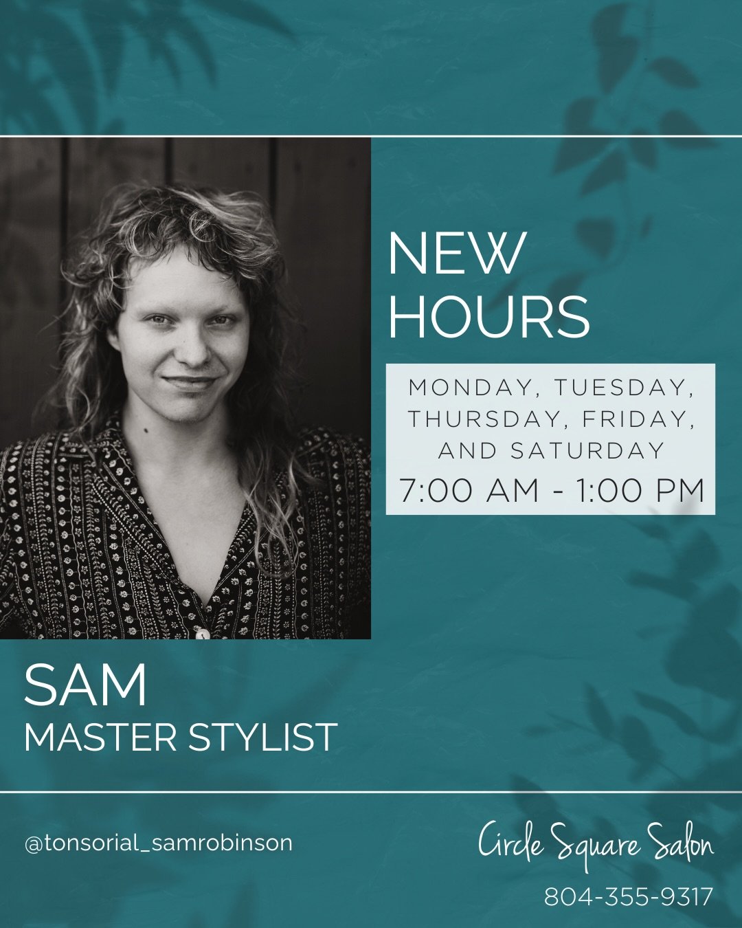 Our wonderful Master Stylist Sam is rolling out some new hours! ☀️ 

Sam will be bookable: Mon, Tue, Thur, Fri and Sat from 7am-1pm for all those early risers ready to start their day with a fresh look! Keep an eye out for more early hours with other