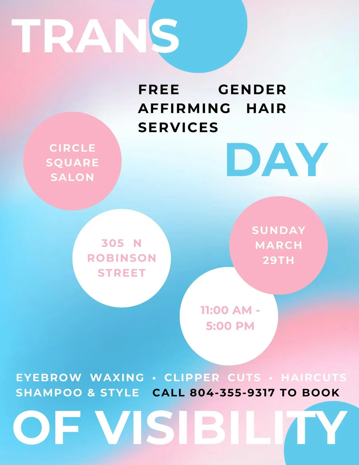 Mark your calendars!🏳️&zwj;⚧️
On Sunday, March 29th from 11&ndash;5, we&rsquo;re bringing back our Annual Trans Day of Visibility event for its second year&mdash;offering FREE gender-affirming hair services for the trans community. This day is all a