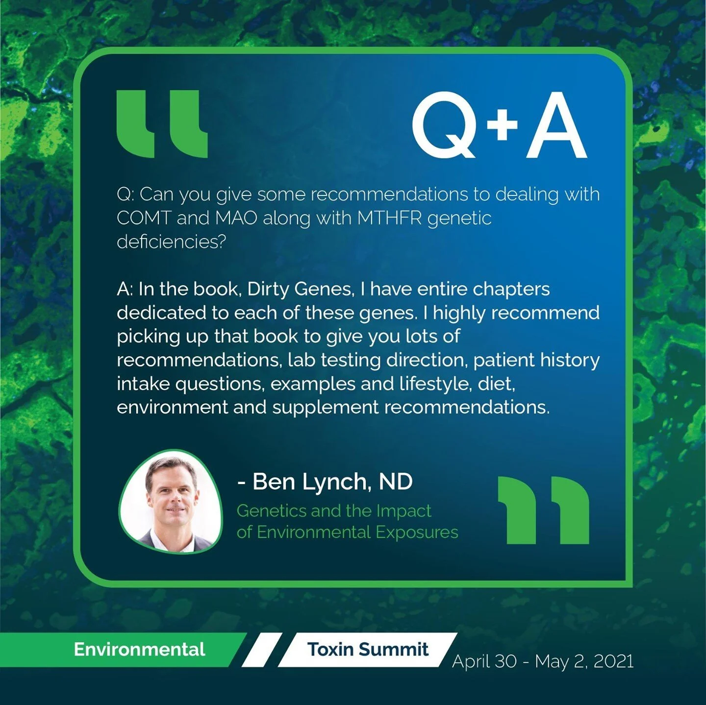 What do you wish you knew about genetics and the impact of environmental exposures? 
🧪 Q: When it says increased copper, are we talking about the relative levels or absolute?  Zn and Moly possibly generating a relatively different level vs an absolute level of copper that may be higher.
🧪 A: I do not remember the specifics. We do have a bibliography which will help identify the specifics. 
🧪 Q: How do we even get started with researching genes for the most conditions that we see?
🧪 A: Rephrasing the question is important. How do we begin understanding the genetic and epigenetic mechanisms of actions behind various conditions so we can better make strategic treatment plans for our patients? StrateGene will help you do it. We have lots of training available in our Education center. The training is included with your purchase of StrateGene.
🧪 Q: Disulfiram is working against borrelia very well but blocks many Cyp40-enzymes. Any recommendations?
🧪 A: Depends on the specific CYP450 en