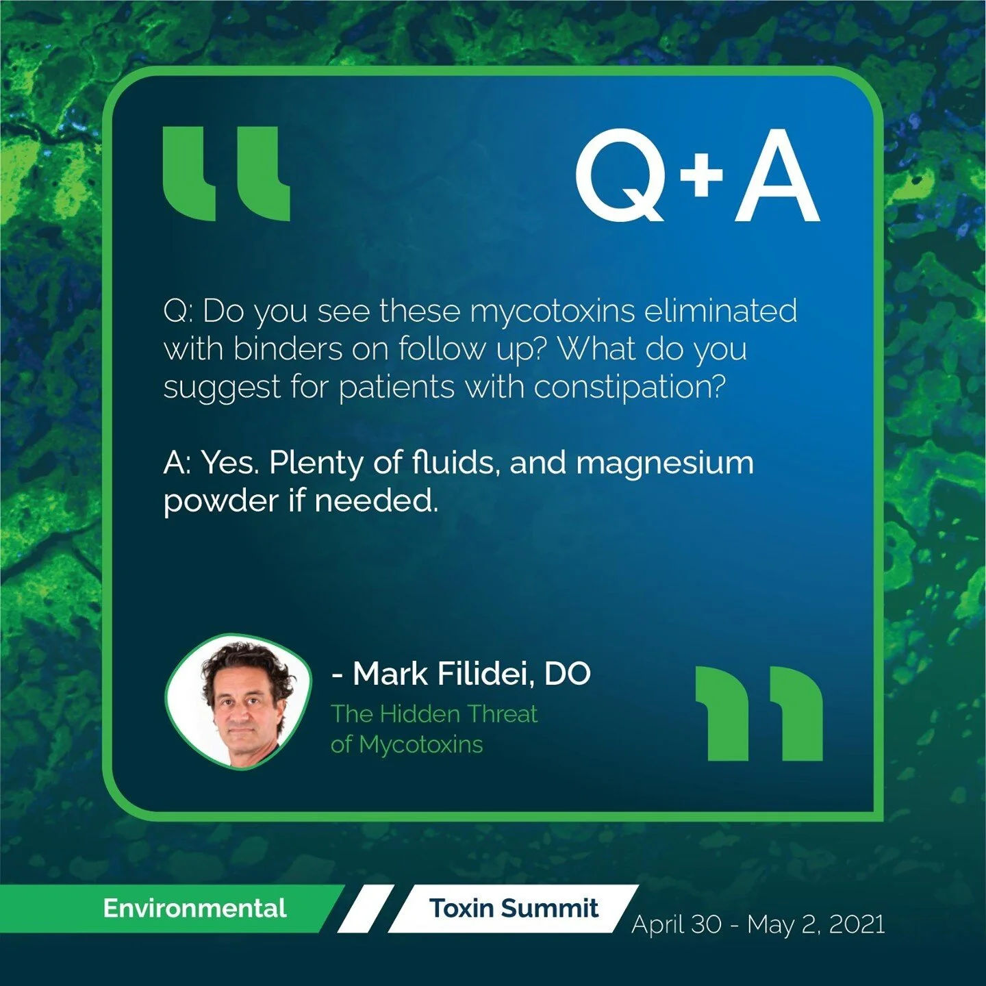 What questions do you have about mycotoxins? 
🧪 Q: After you have remediated and taken binders when do you treat with anti fungal?
🧪 A: When there is evidence/concern for systemic mold/yeast.
🧪 Q: Has the level and/or distribution of mold and mycotoxins in food changed with climate changes and soil depletion?
🧪 A: I do not know, but it would not surprise me at all if that was the case.
🧪 Q: What is an example of nasal anti-fungals?
🧪 A: Nystatin, itraconazole (compounding pharmacy)
➡️ See all of Dr. Filidei's Q&amp;A on our blog https://loom.ly/BCG4mAg 
🦠 #genetics #functionalmedicine #alternativemedicine #functionalhealth #integrativemedicine #wellness #holistichealth #rootcause #naturopathicmedicine #environmentaltoxins #medicalconference #cme #mycotoxins #autism #organicacids #environmentalhealth #mycotoxins