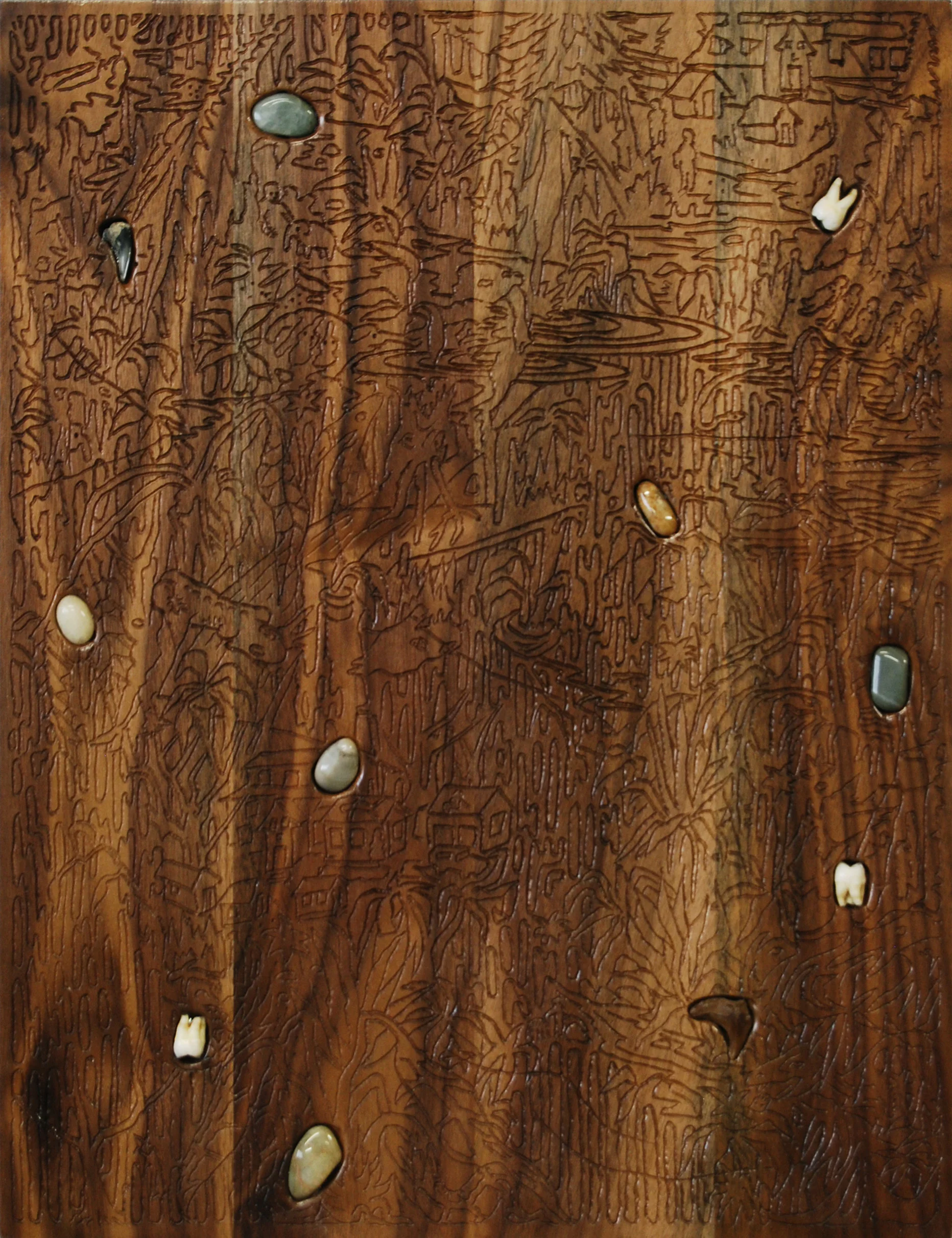 Chief of Burials , 2013, rocks, fossilized sharks' teeth, and the artist's teeth on wood, 18" x 14"