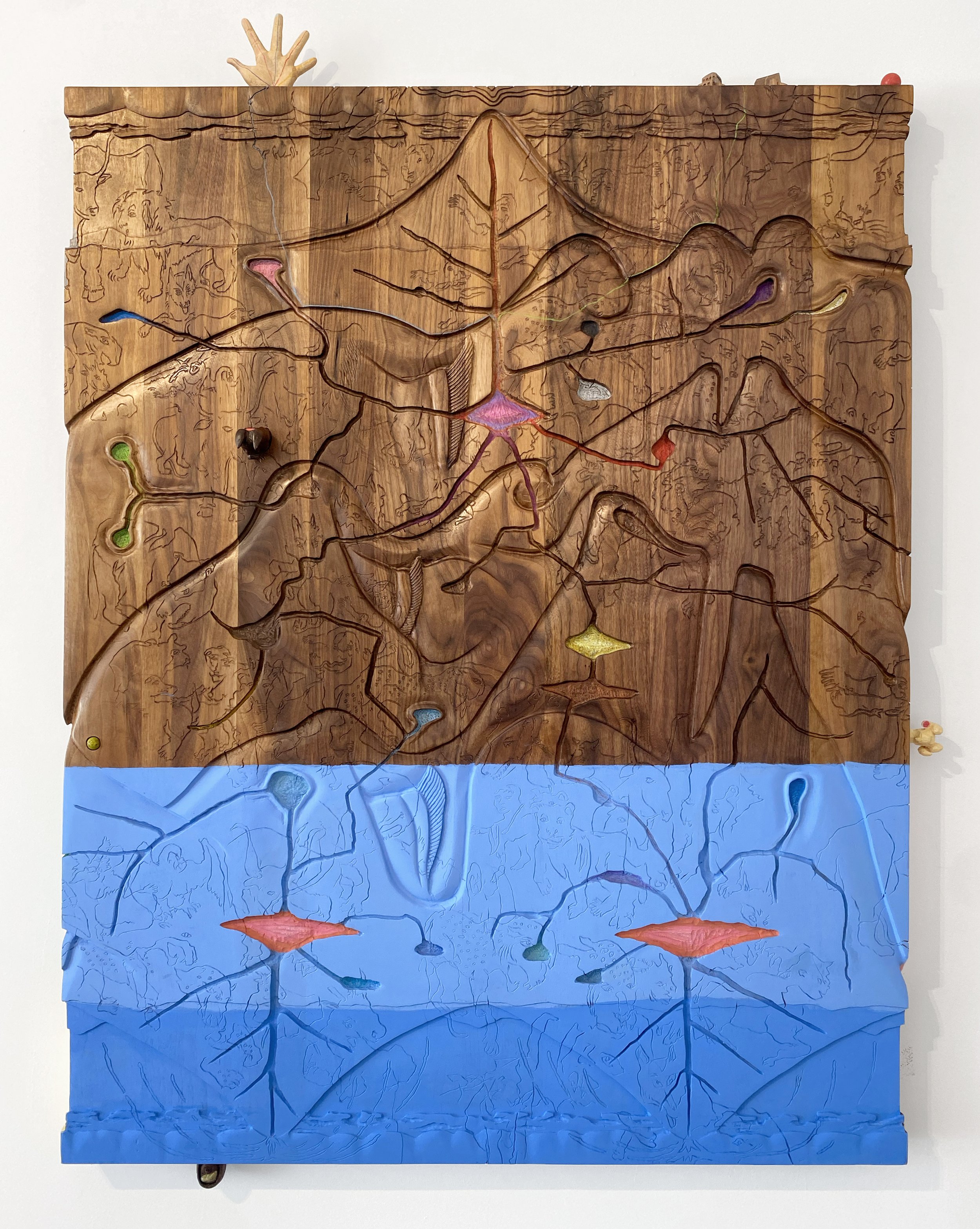   Peaceable Kingdom,  2023, casein, oil, tung oil, colored pencil, birdseye maple, rubber ball, quartz, rock, and marble on carved walnut, 60” x 44” x 5” 