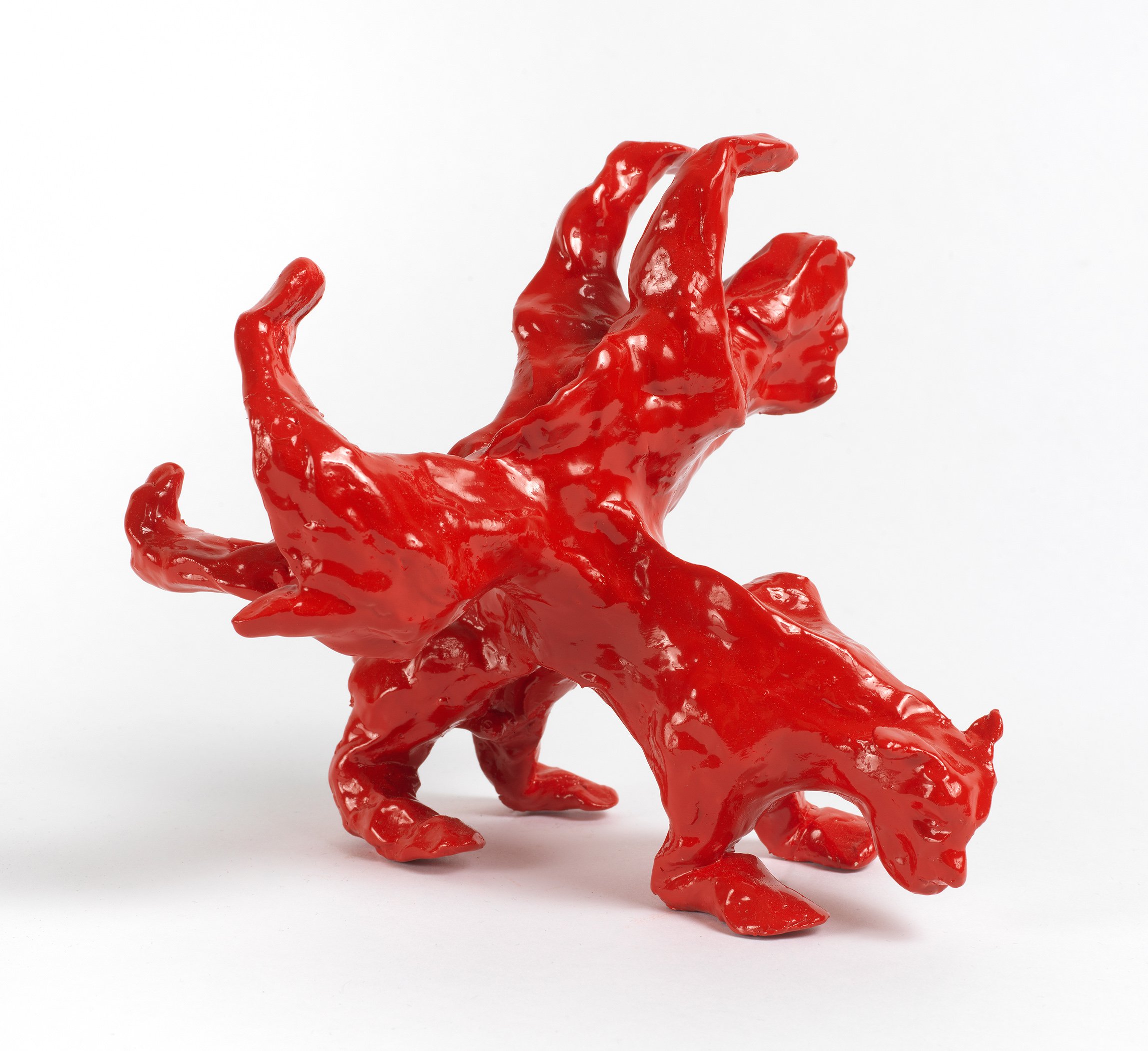   Red Animals , 2020, enamel on air-drying clay, 7” x 7” x 7” 