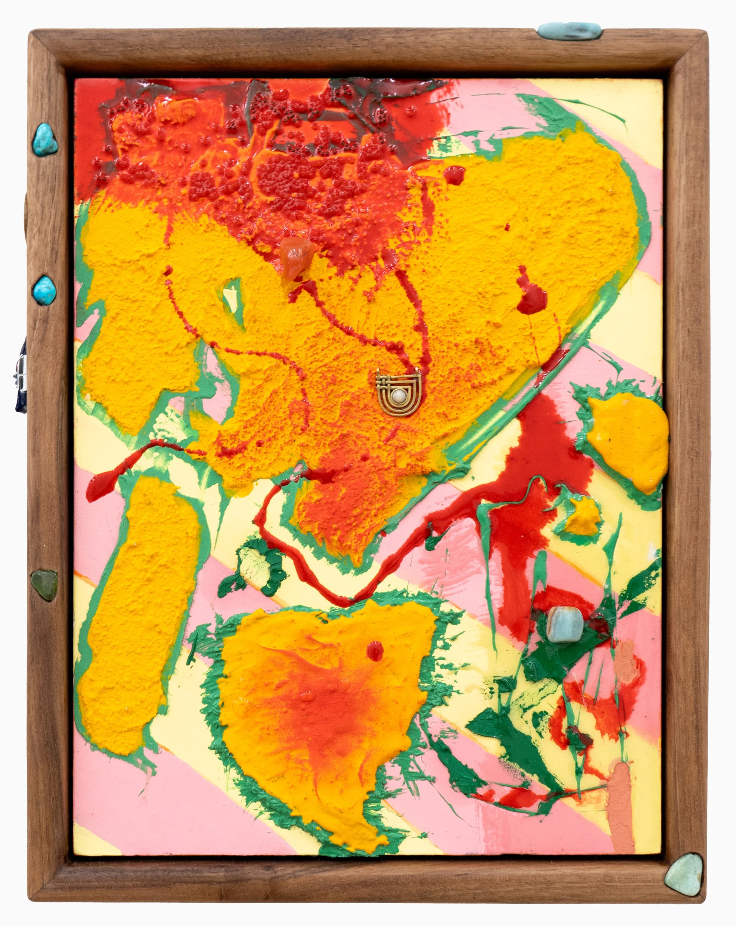 Radon , 2025, oil, acrylic, resin, turquoise, Micro Machine, Legos, beach glass, found jewelry, and rocks on panel, 14” x 11”