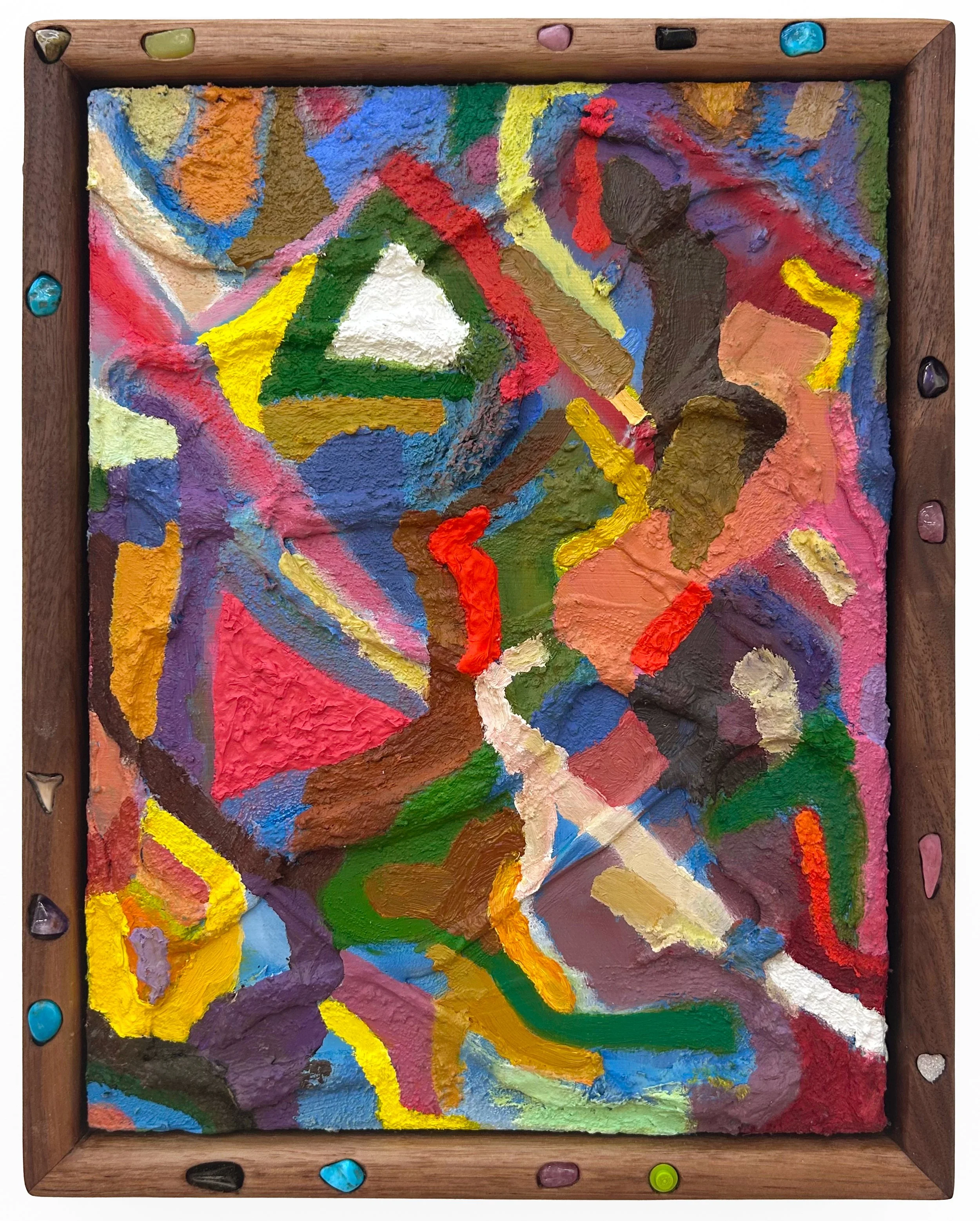 Brontosaurus , 2025, oil, acrylic, turquoise, Lego, rocks, fossil, and walnut on panel, 14” x 11”
