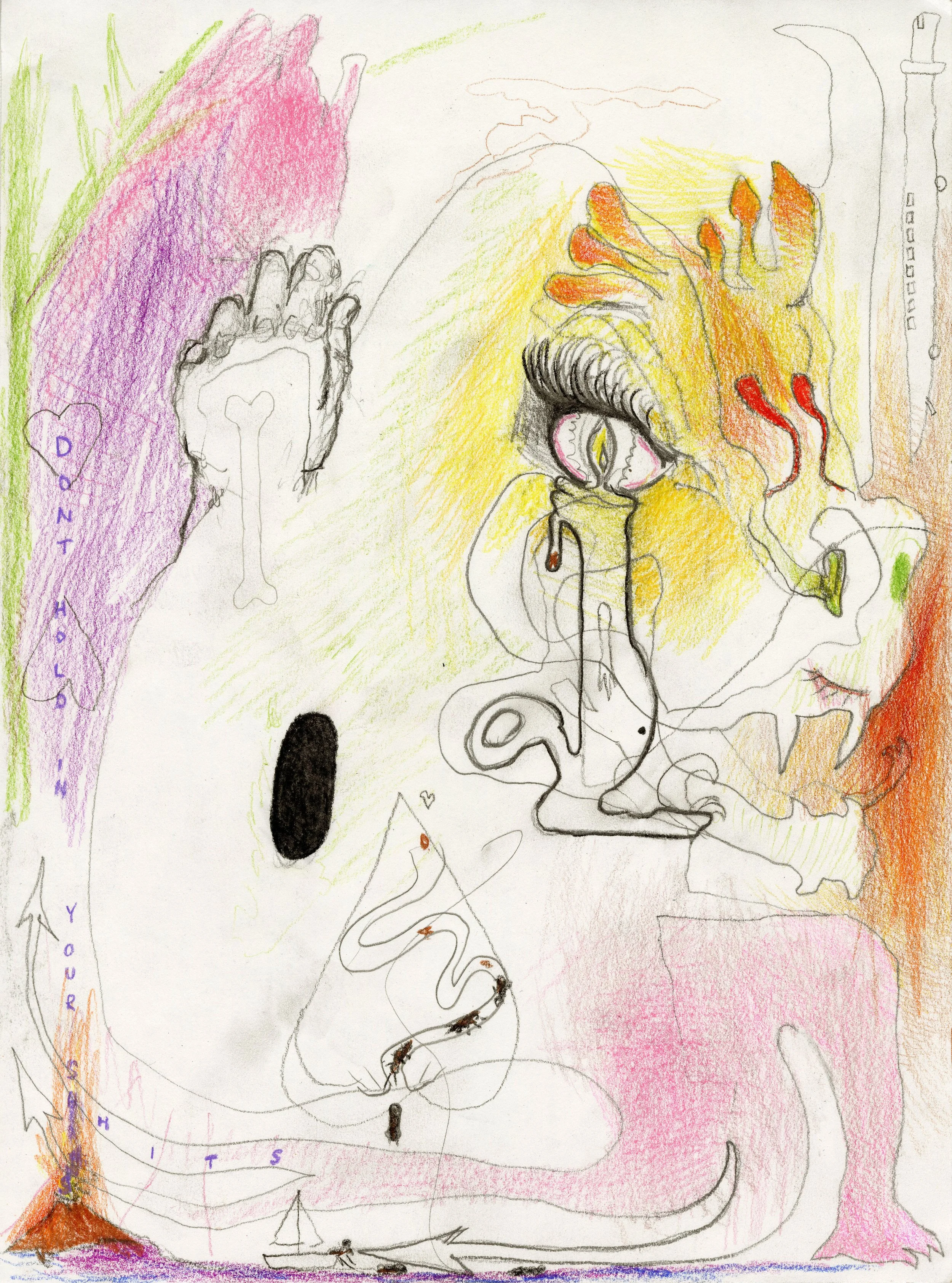 Toileting , 2025, graphite and colored pencil on paper, 12” x 9”