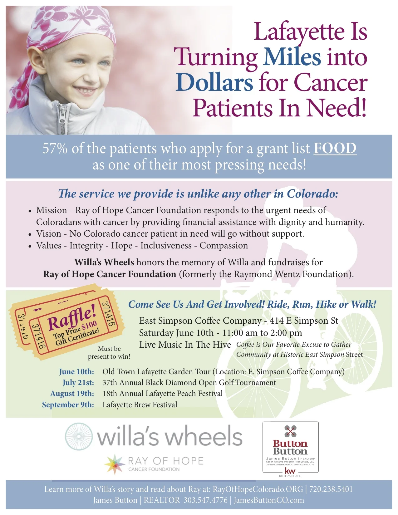      

 
   Come See Us And Get Involved With Willa’s Wheels!  Date: Saturday, June 10th – 11:00 am to 2:00 pm  Location: The Hive at East Simpson Coffee Co. – 414 E Simpson St. &nbsp;Lafayette, CO &nbsp; &nbsp; &nbsp; &nbsp; &nbsp; &nbsp; &nbsp; &nb