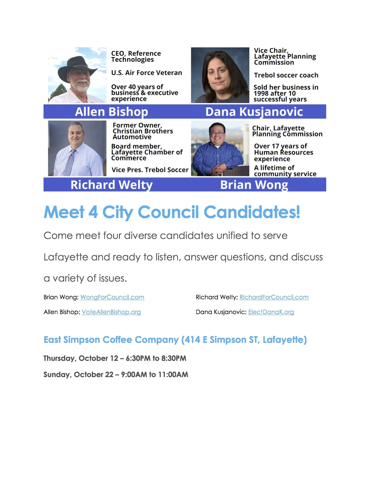 -8:30pm Meet 4 candidates running for Lafayette City Council
