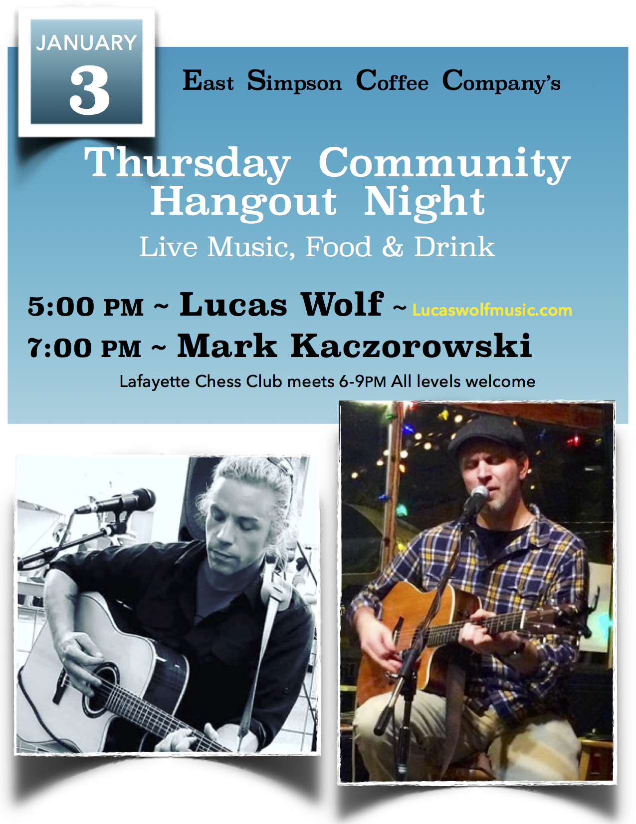      

 
   OUR WEEKLY COMMUNITY HANGOUT NIGHT   Excellent local musician seranade the evening.  Plenty of space to hang out with friends or find a quieter spot to catch up with yourself.  Lovely selection of craft local beers and wines by the glass.