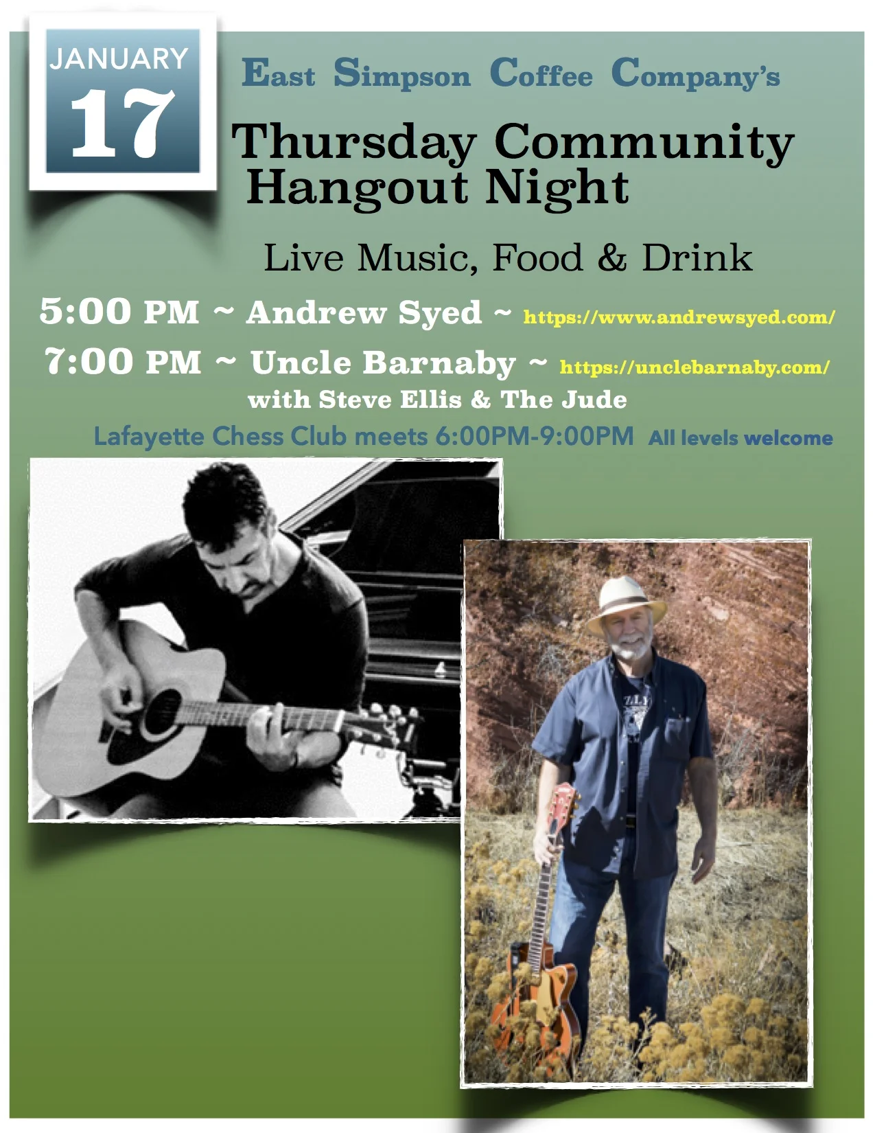      

 
   OUR WEEKLY COMMUNITY HANGOUT NIGHT   Excellent local musicians serenade the evening.  Plenty of space to hang out with friends or find a quieter spot to catch up with yourself.  Lovely selection of craft local beers and wines by the glass