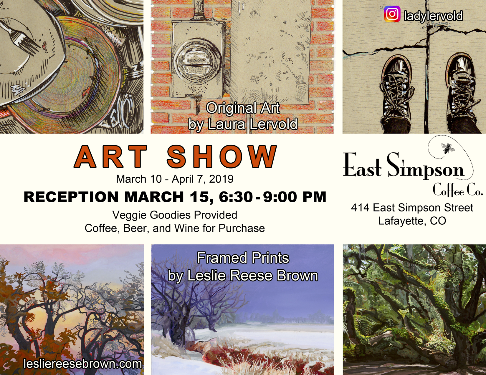      

 
   Meet the artists, Leslie Reese Brown and Laura Lervold.    Join us for appetizers.  Wine &amp; beer for purchase 
 






















     