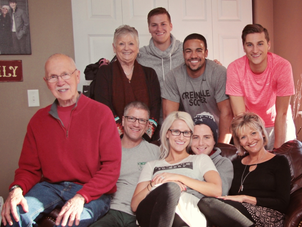My fam from top to bottom, left to right: My brother Tyler, my Grandma Sue, my brother Elliot, my brother Chad, my Grandpa George, my daddy Gregg, myself, my hubby Caleb, and my mama Tammy.