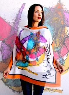 This Blur scarf – colorful, playful, and fashion-forward, this is the ideal piece of fabric to bring an outfit together. It's bursting with Schwartz's classic art-deco feel and full of statement stiletto heel images. Combine this classic design with your next outfit for a statement accessory that will make your entire outfit pop.