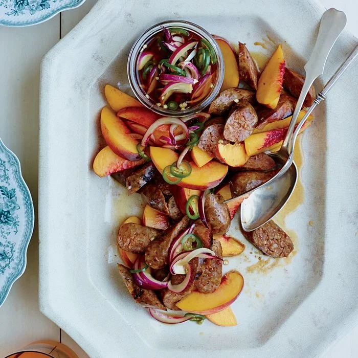 Artisan Sausages with Peaches and Pickled Chiles