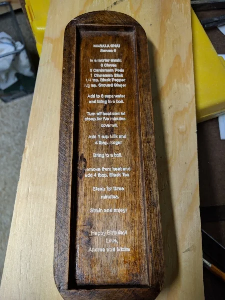  Finished engraving. &nbsp;The depth of the engraving was a bit shallow in a couple of spots and deep in others due to the underside of the lid not being perfectly flat. 