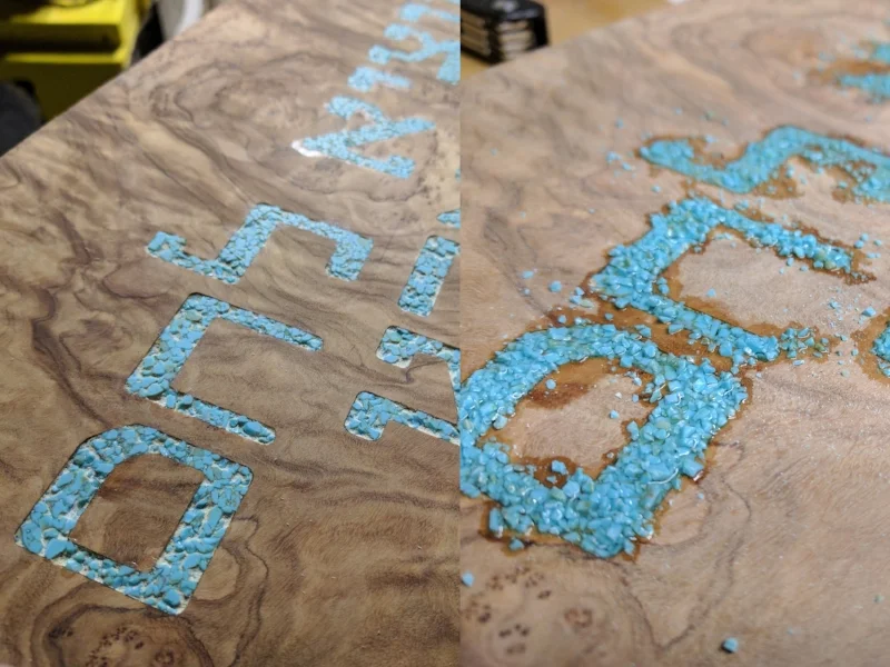  Sanding down the first course of stone leaves lots of micro voids, to fix this I crushed the stone further using a mortal and pestle and repeated the inlay process. &nbsp;This step is repeated one more time with stone crushed all the way to powder. 