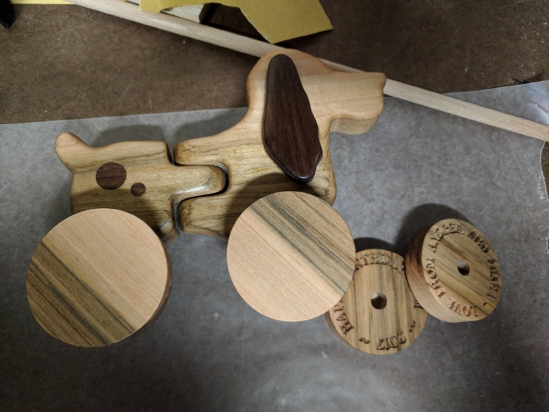  The wheels are from the same board of maple. &nbsp;The rear wheels have little inscriptions that will only be visible from the inside. 