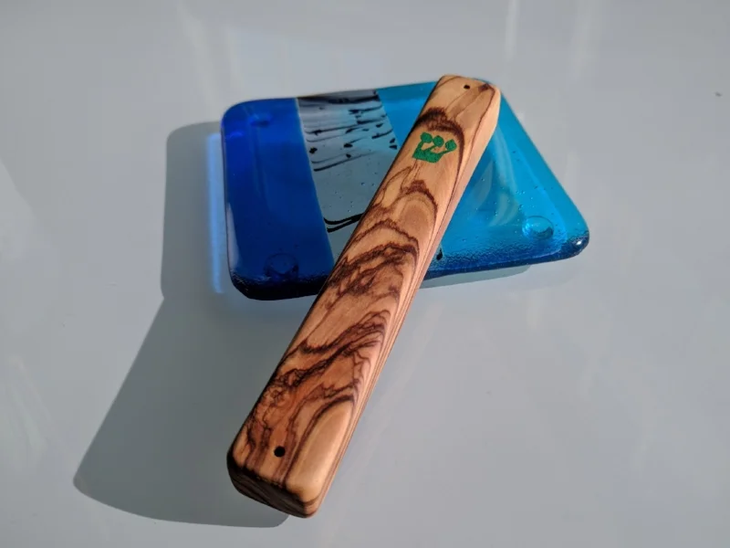  Olive wood mezuzah inlaid with malachite. 