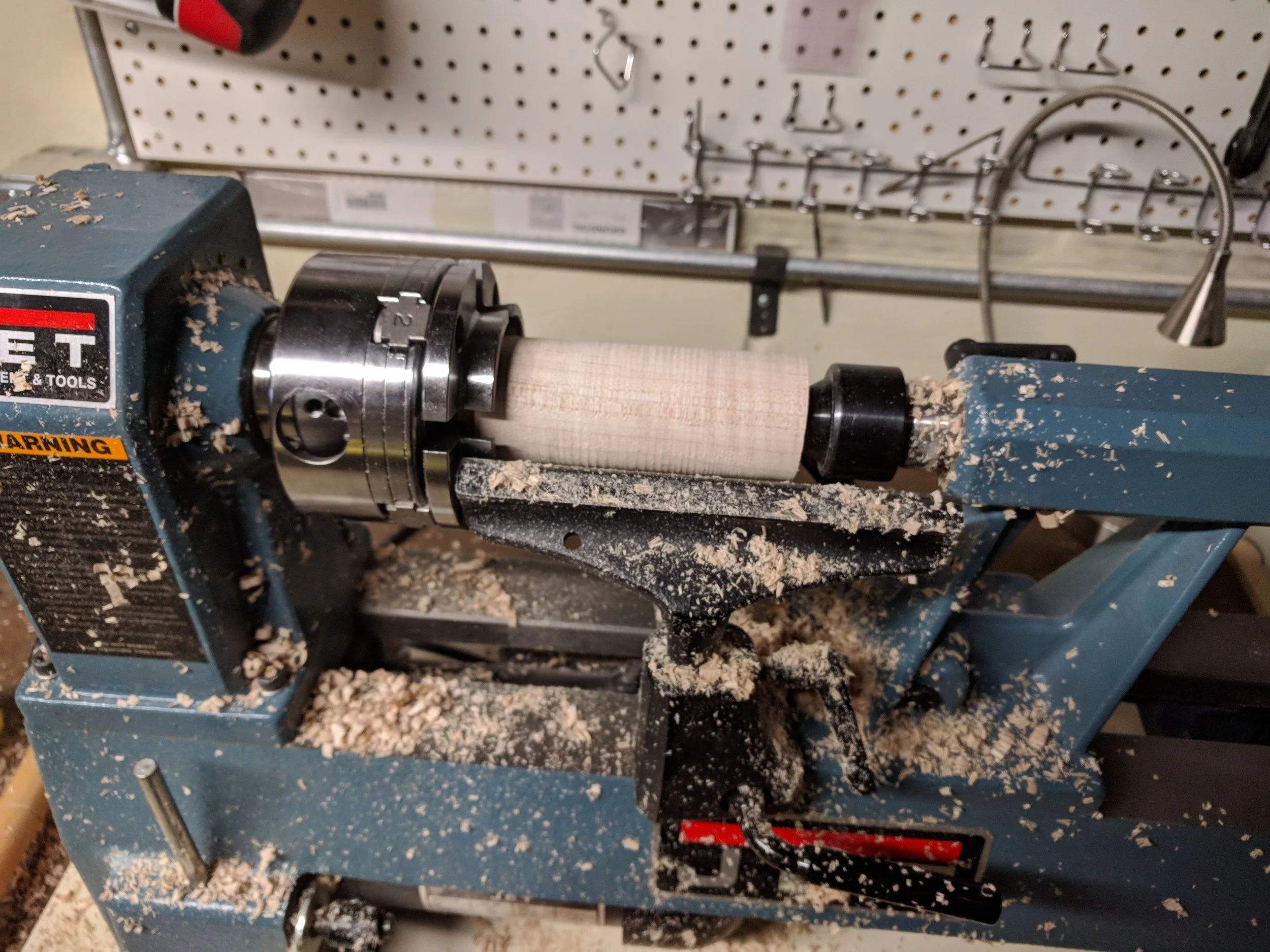  The blank is rounded and put in a chuck. 