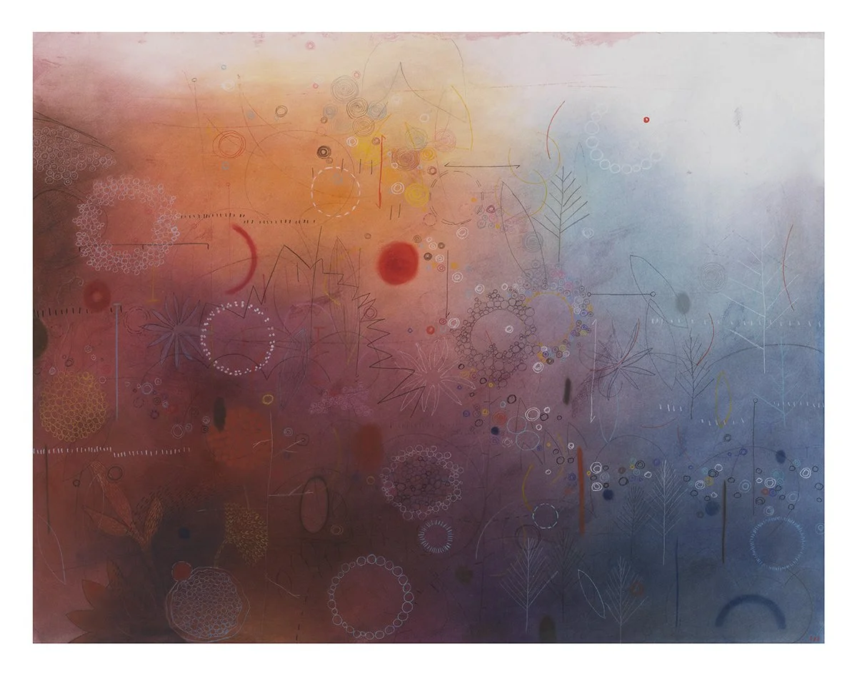 Abstract digital artwork with various geometric shapes, patterns, and lines in shades of pink, orange, yellow, and blue.