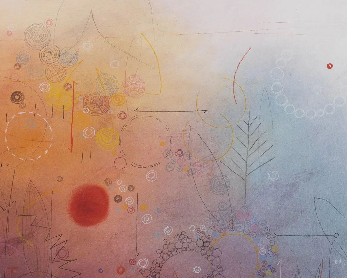 A colorful abstract drawing on paper with various geometric shapes, spirals, and lines in different colors including red, yellow, black, and blue.