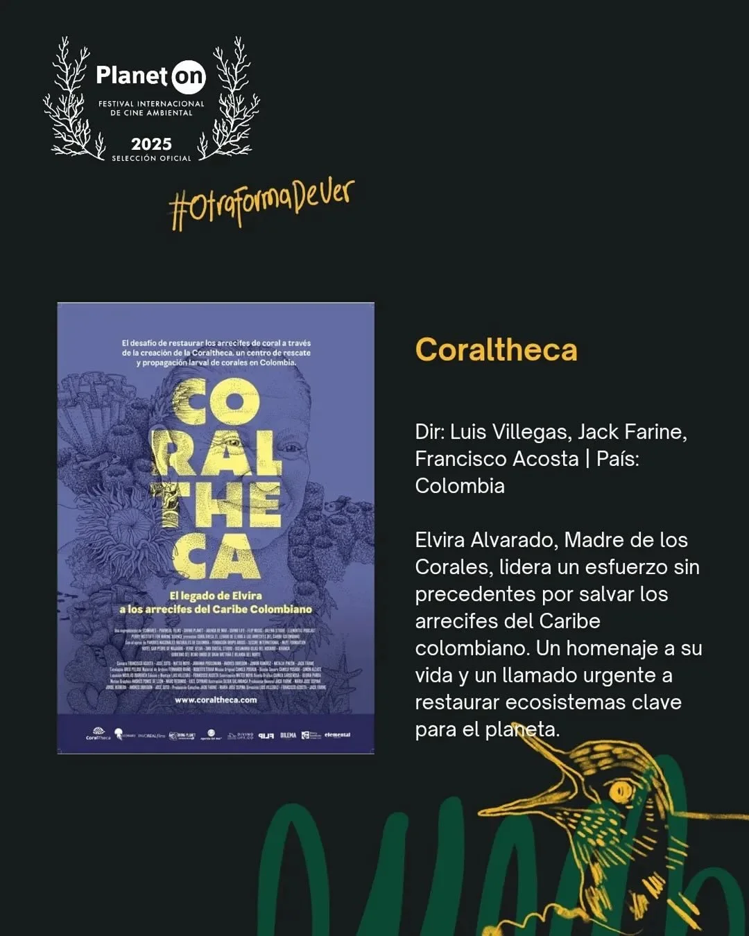 Nuestro documental CORALTHECA ha sido seleccionado en la Competencia Oficial del IX Festival Internacional de Cine Ambiental PLANET ON en Bogot&aacute; @planetoncol

Esta participaci&oacute;n nos llena de orgullo porque significa que la historia de E