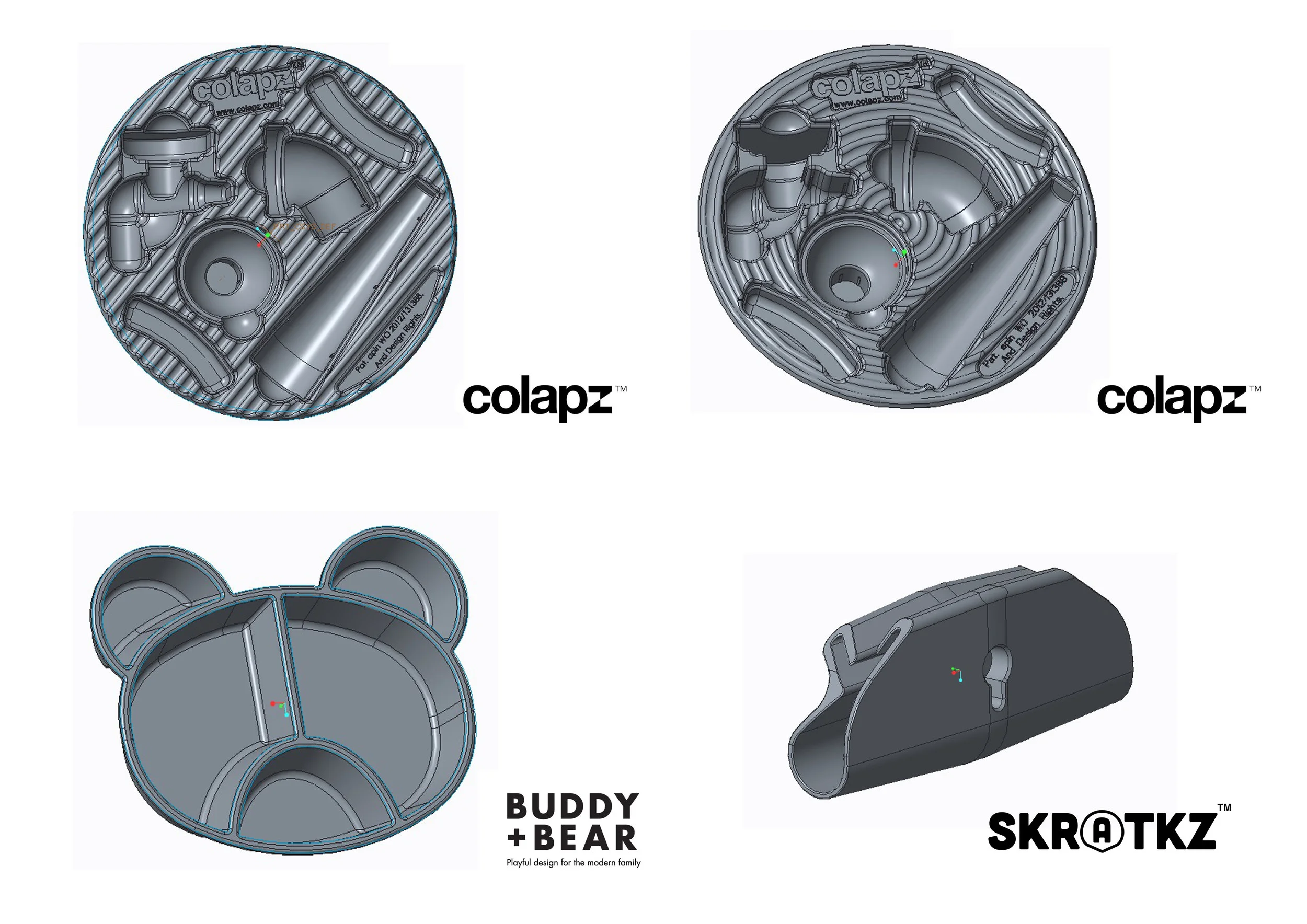 During my placement I produced a number of CAD designs to be sent for manufacture. These include the Colapz 4 in 1 base, Buddy + Bear children's tray, and the Skratkz poster holder. 