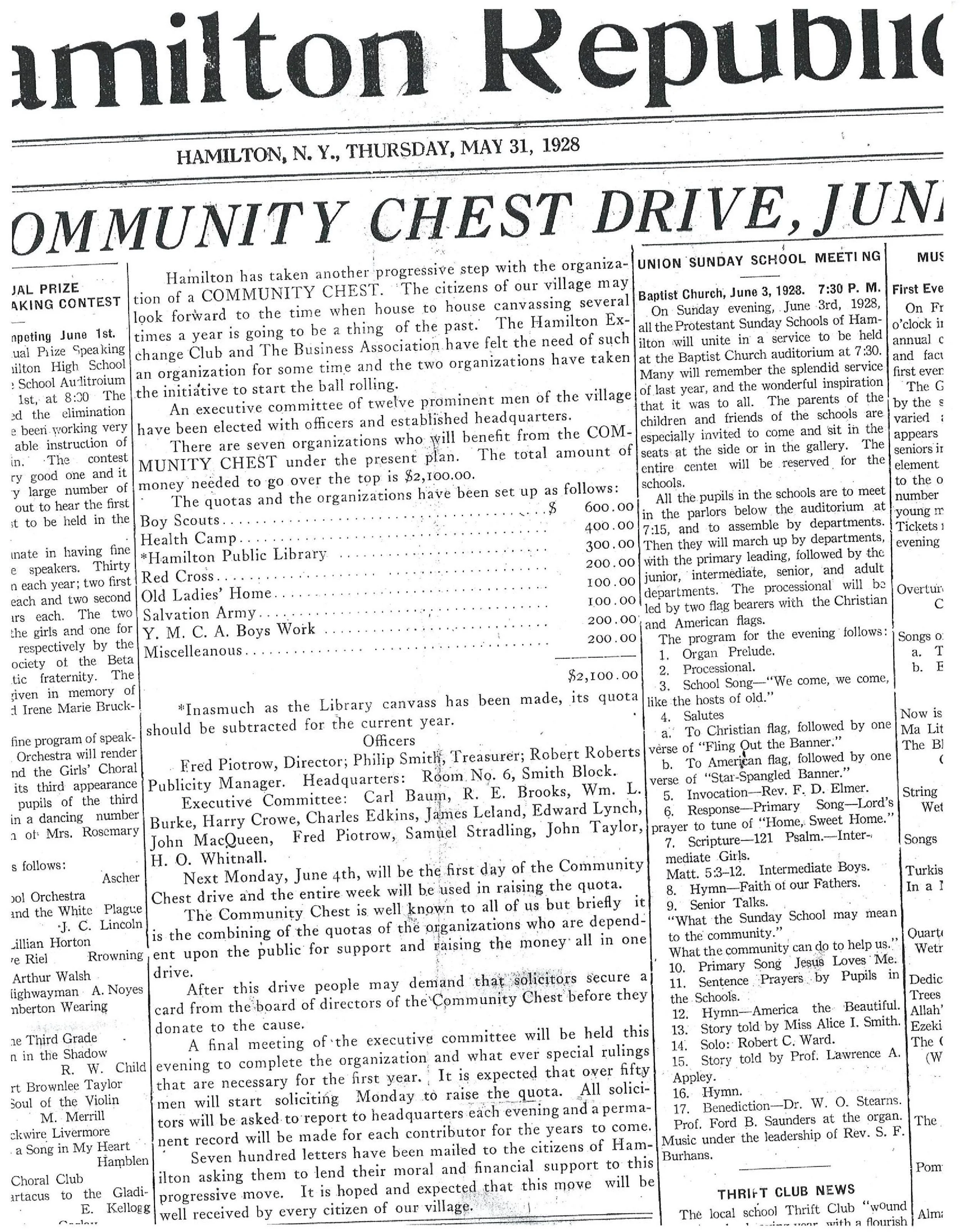 1928 Article on Hamilton Community Chest