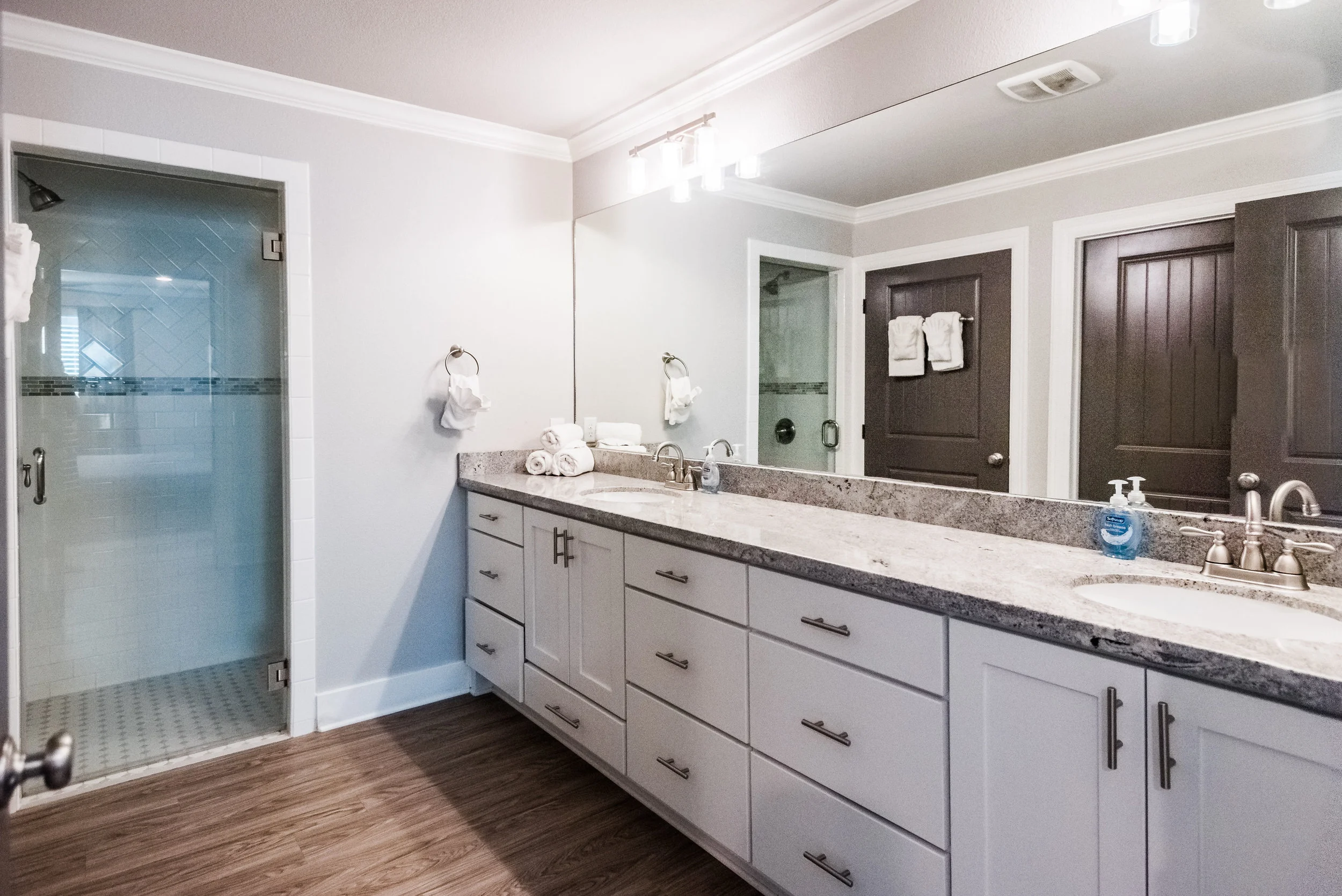 Each bedroom is accessible to a full bathroom, and each bathroom is complete with all the goods you need to make your stay complete!