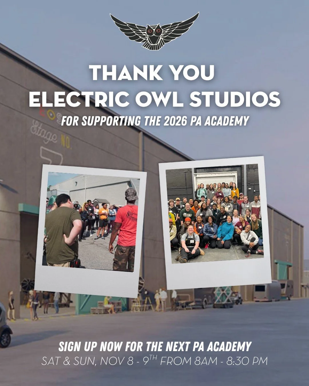 The PA Academy will again occur at @ElectricOwlStudios on November 8th and 9th. Click the link in our bio for details.💫

We also wanted to take a moment to recognize and thank Electric Owl. 🙏🏿

Electric Owl Studios is the world&rsquo;s first purpo