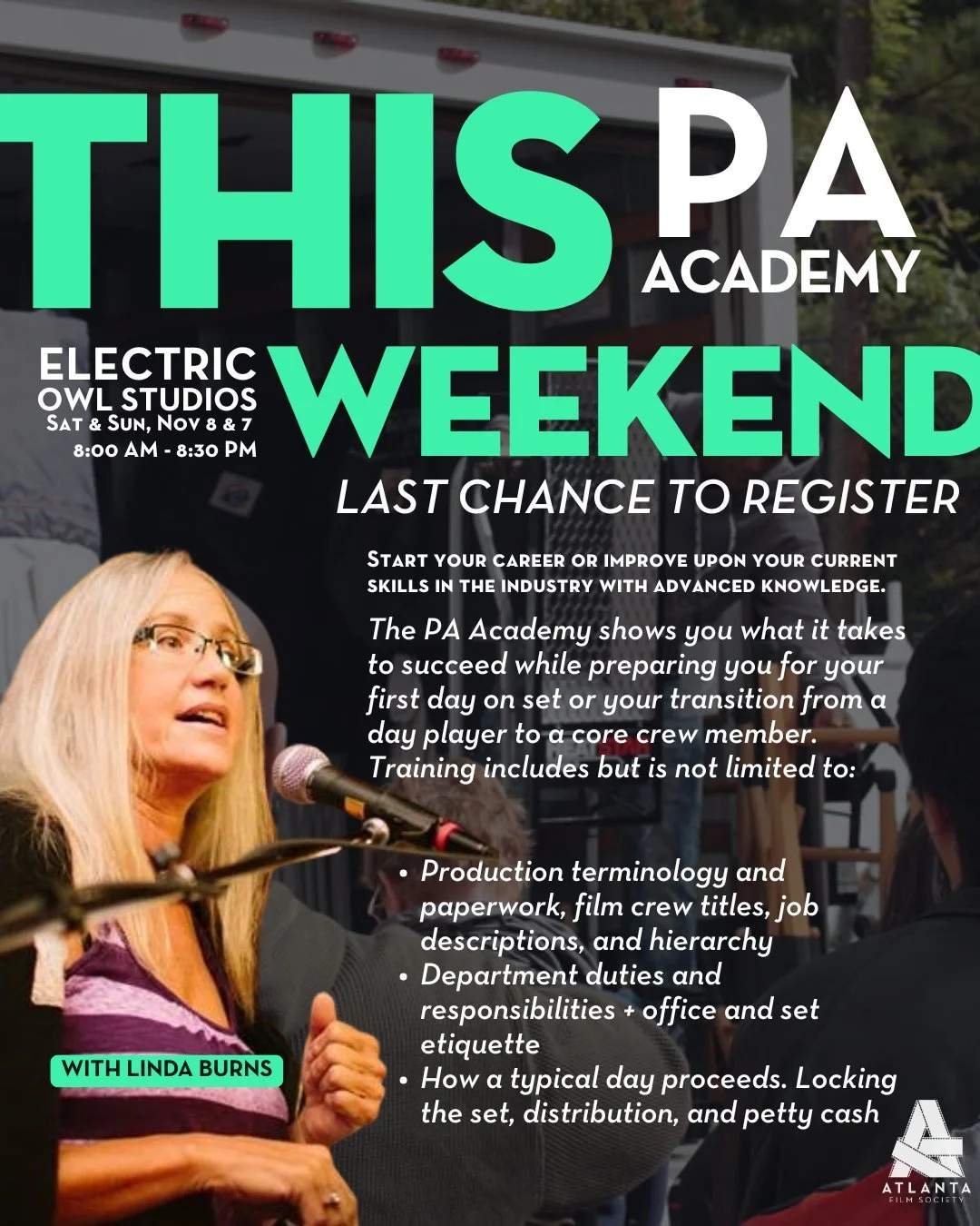 Tomorrow is your last day to register for The PA Academy happening this weekend at Electric Owl Studios!‼️ Start your career or improve your current industry skills with advanced knowledge provided by producer Linda Burns!📽️ To register, click our b