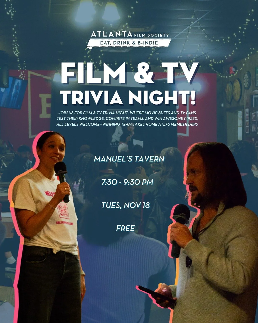 One week from tonight at Manuel's Tavern, it's Eat, Drink &amp; B-Indie: Film &amp; TV Trivia Night! 🎯Join us from 7:30 pm to 9:30 pm for our free monthly networking event, #EDBI. This month, it's Film &amp; TV Trivia Night, where movie buffs and TV