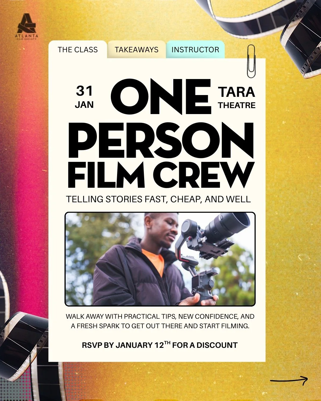 Early Bird Discount Expires Soon! 🚨 One Person Film Crew: Telling Stories Fast, Cheap, and Well! 📽️ In this class, we&rsquo;ll dive into how to make a movie as a one-person crew, from planning and shooting to editing and sharing your final cut. For