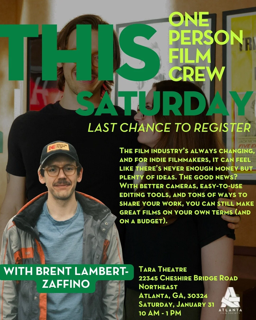 Tomorrow at @theTaraAtlanta is One Person Film Crew: Telling Stories Fast, Cheap, and Well! 🎥 In this class, we&rsquo;ll dive into how to make a movie as a one-person crew, from planning and shooting to editing and sharing your final cut. 🎬 For det