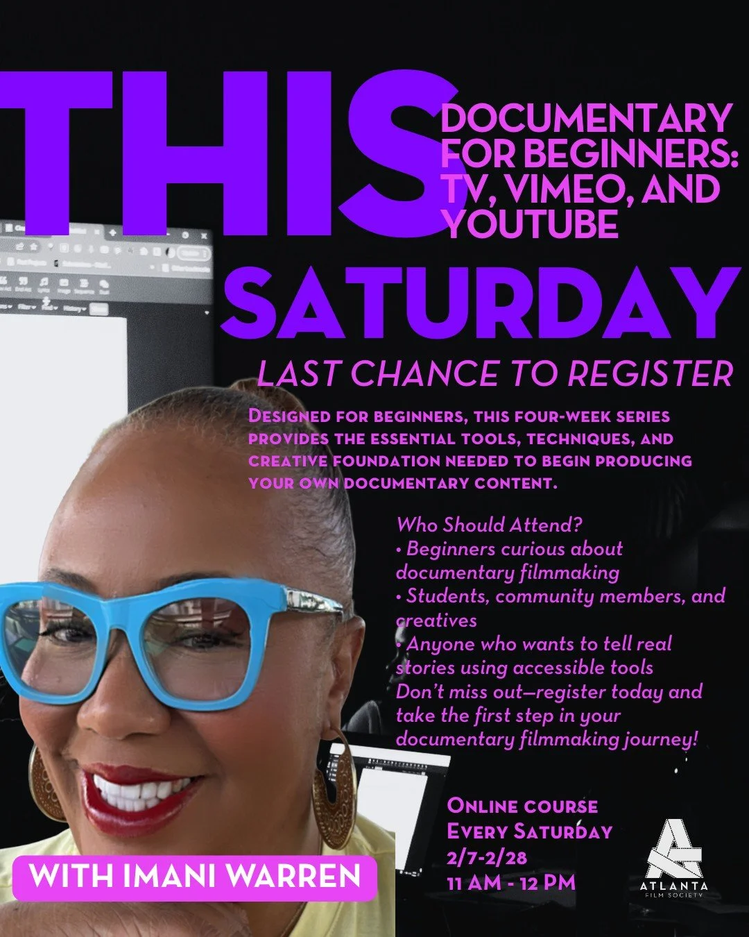 🚨 Last Chance to Register: Documentary For Beginners: TV, Vimeo, and YouTube 🤳🏿 Start your filmmaking journey with this engaging, hands-on introduction to documentary storytelling. 🎬

Class starts Saturday. For details, including #ATLFS Member di