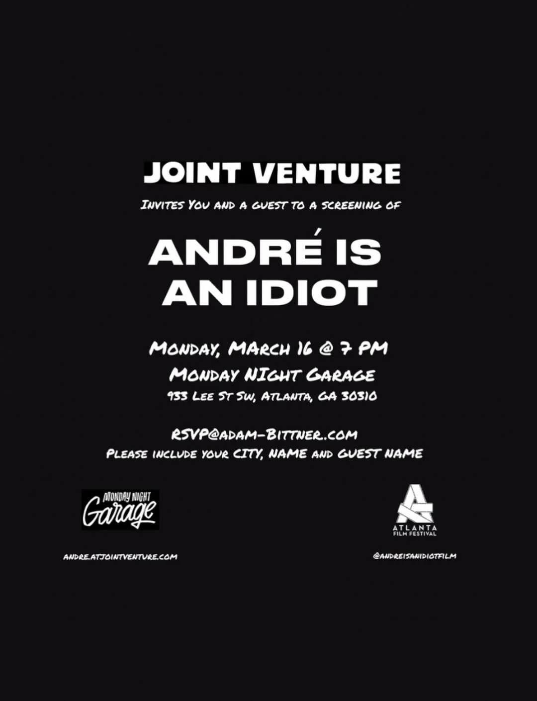 Free Public Screening Tonight: ANDRE IS AN IDIOT! 🚨

You are all invited to a free screening of this film TONIGHT at Monday Night Garage at 7 pm! ❤️&zwj;🔥 For details, check the graphic on how to RSVP. Please note that RSVPs are not required to att
