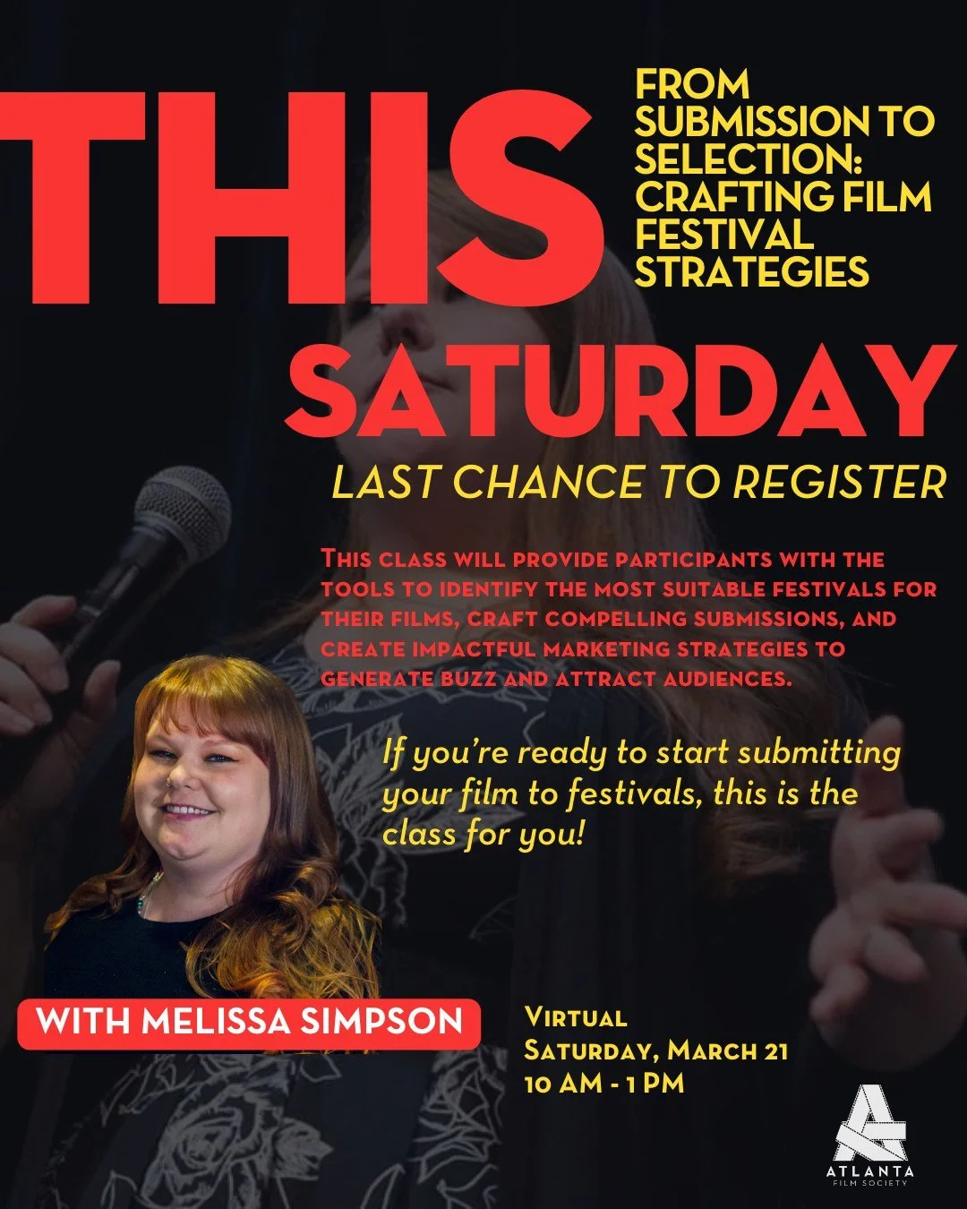 If you're a filmmaker ready to submit your film to a festival, this is your last chance to register for From Submission to Selection: Crafting Film Festival Strategies. 🚨 This is a virtual class happening this Saturday. For details, click the ATLFS 